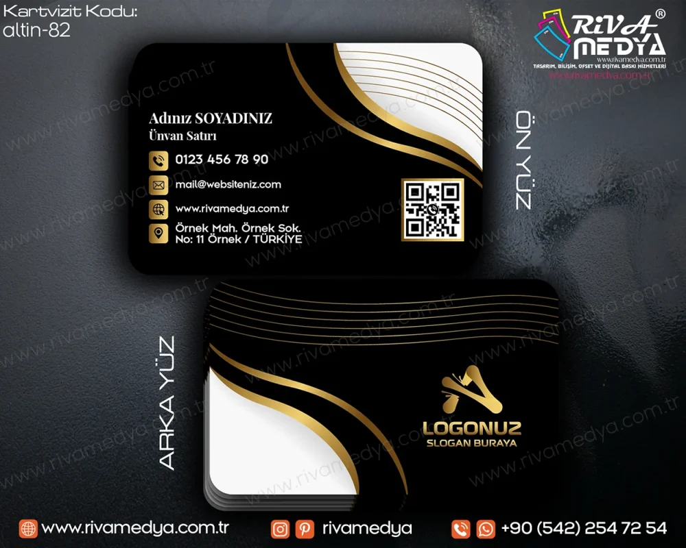Bireysel, kurumsal ve mesleki ihtiyaçlarınıza özel tasarlanan Altın Efektli Dalga Deseni ile QR Kodlu Siyah Kartvizit örneğini en uygun fiyatlarla sunuyoruz!