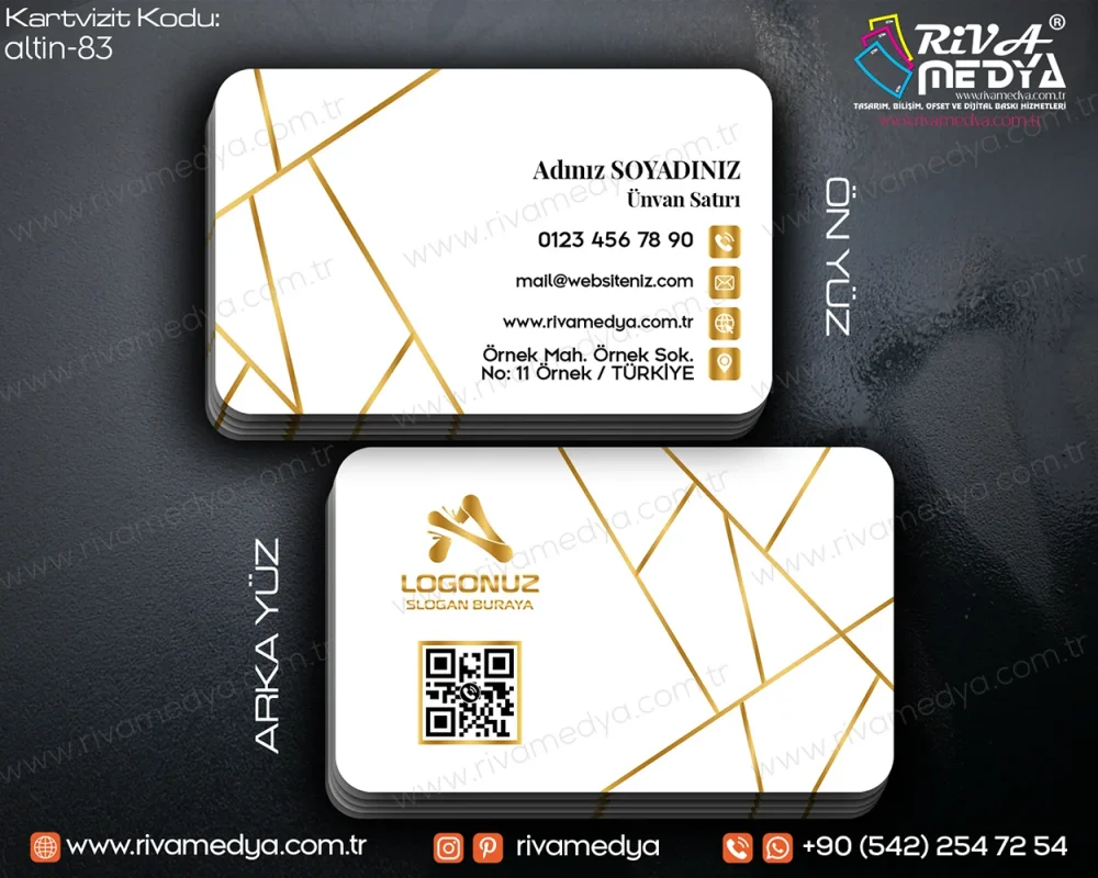 Bireysel, kurumsal ve mesleki ihtiyaçlarınıza özel tasarlanan Geometrik Altın Çizgili QR Kodlu Beyaz Kartvizit örneğini en uygun fiyatlarla sunuyoruz!