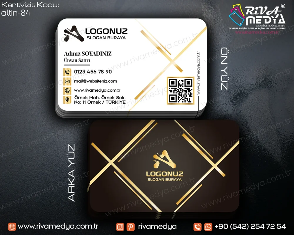 Bireysel, kurumsal ve mesleki ihtiyaçlarınıza özel tasarlanan Çapraz Altın Çizgili QR Kodlu Beyaz ve Degrade Kahverengi Kartvizit örneğini en uygun fiyatlarla sunuyoruz!