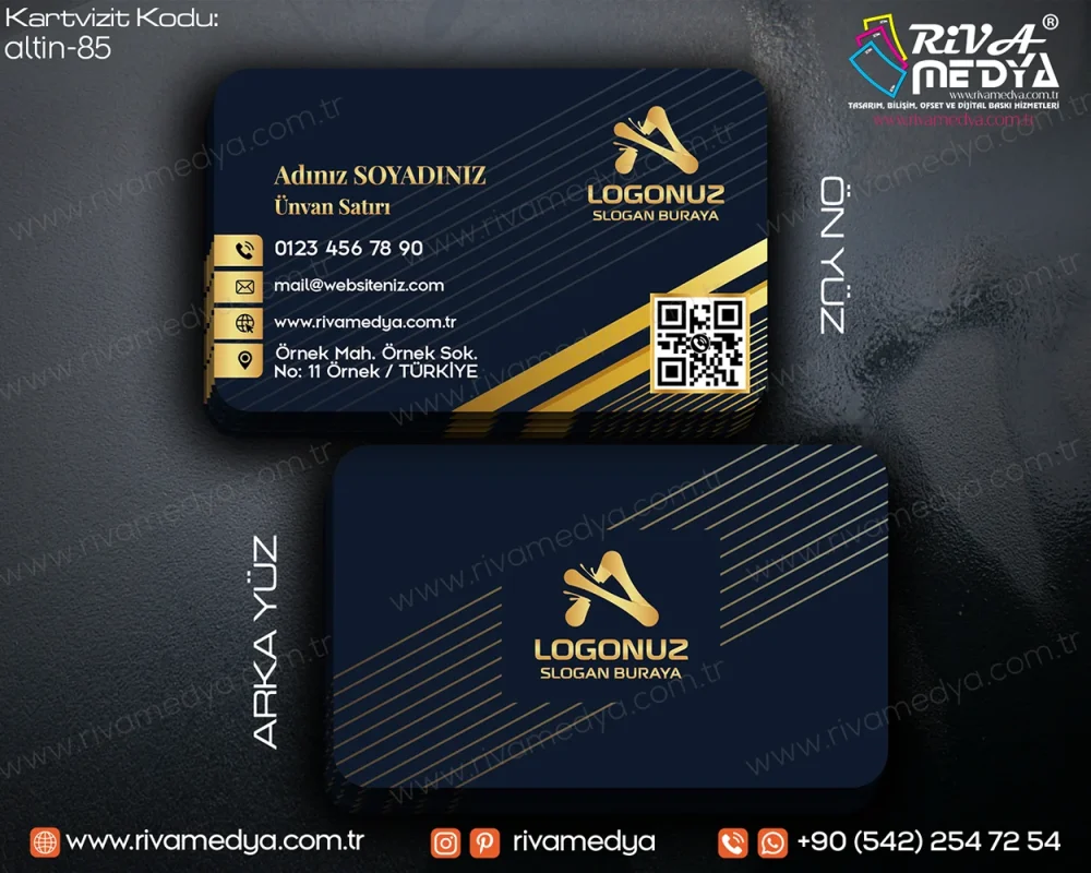 Bireysel, kurumsal ve mesleki ihtiyaçlarınıza özel tasarlanan Altın Efektli Çizgilerle Lacivert Kartvizit örneğini en uygun fiyatlarla sunuyoruz!