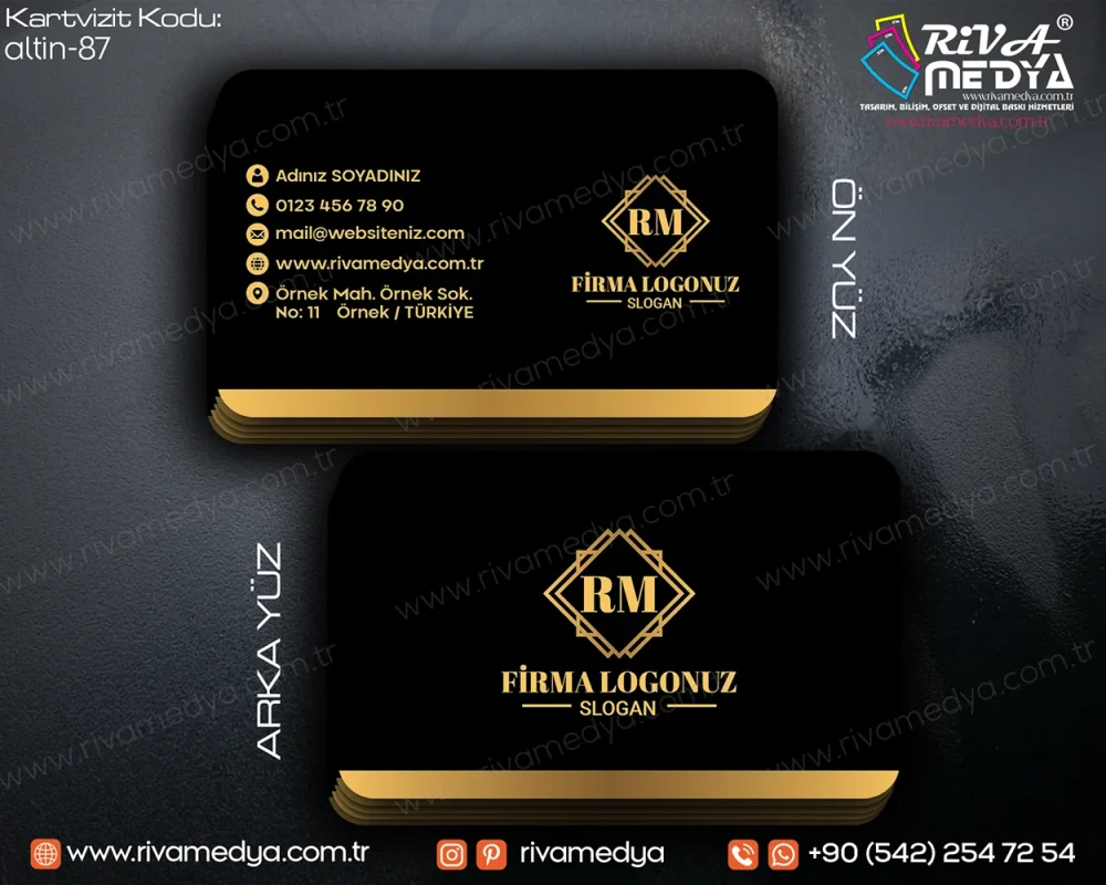 Altın Detaylı Siyah Zarif Kartvizit Örneği