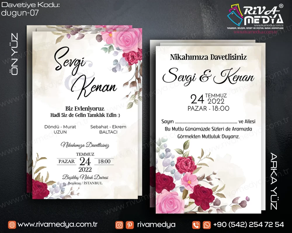 Gül Desenli Romantik Düğün – Nikah Davetiyesi Örneği